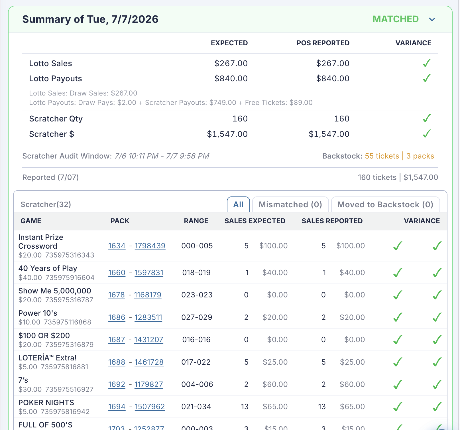 LottoReco matched scratch ticket inventory summary